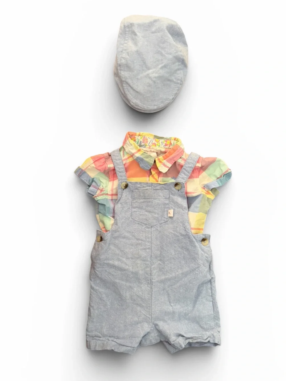 Babies’—Tommy Bahama Little Boys Plaid Onesie, Overalls, & Cap. Size 12 Months.